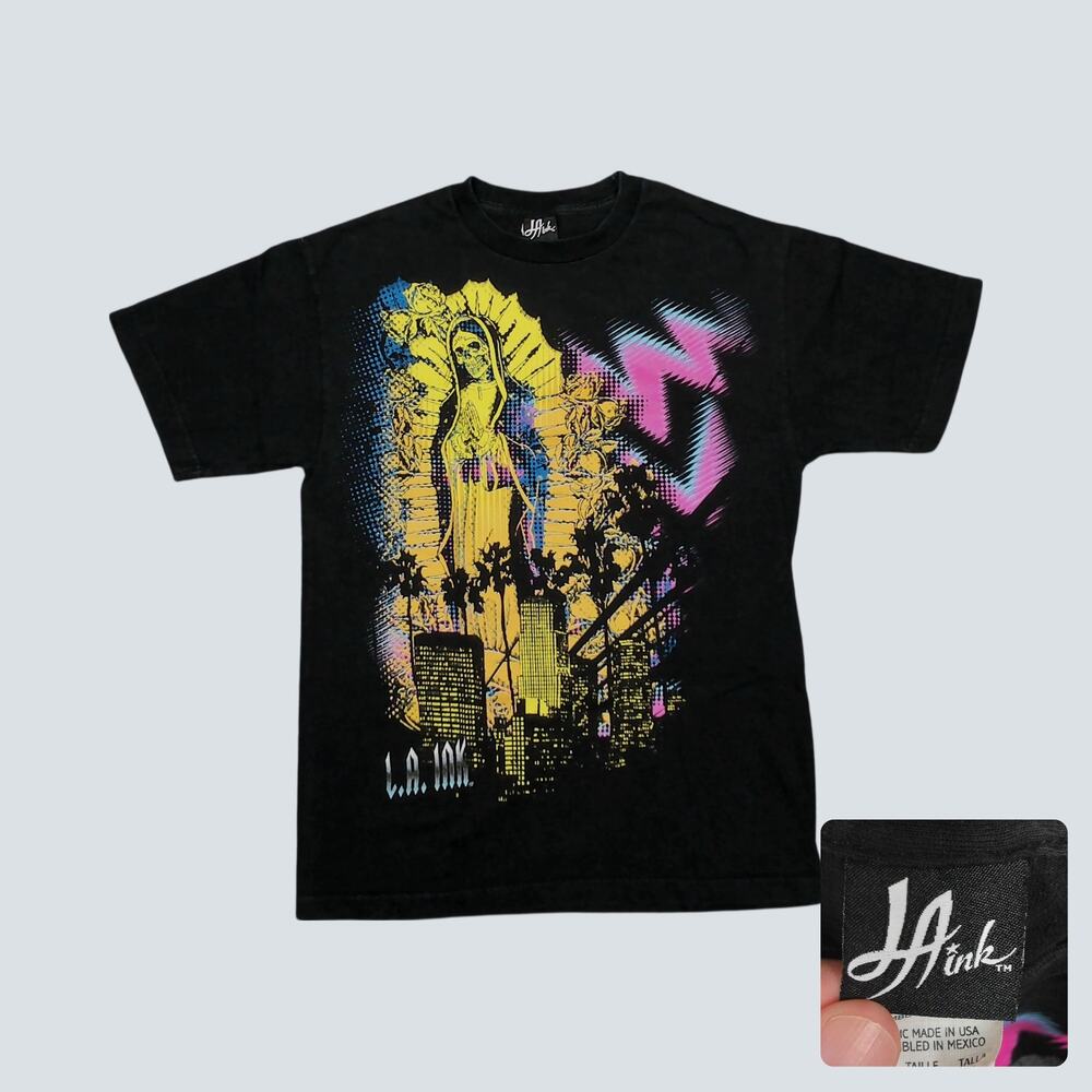 L.A. Ink | 2008 Neon Santa Muerte Skull Graphic Tee Black Mens M